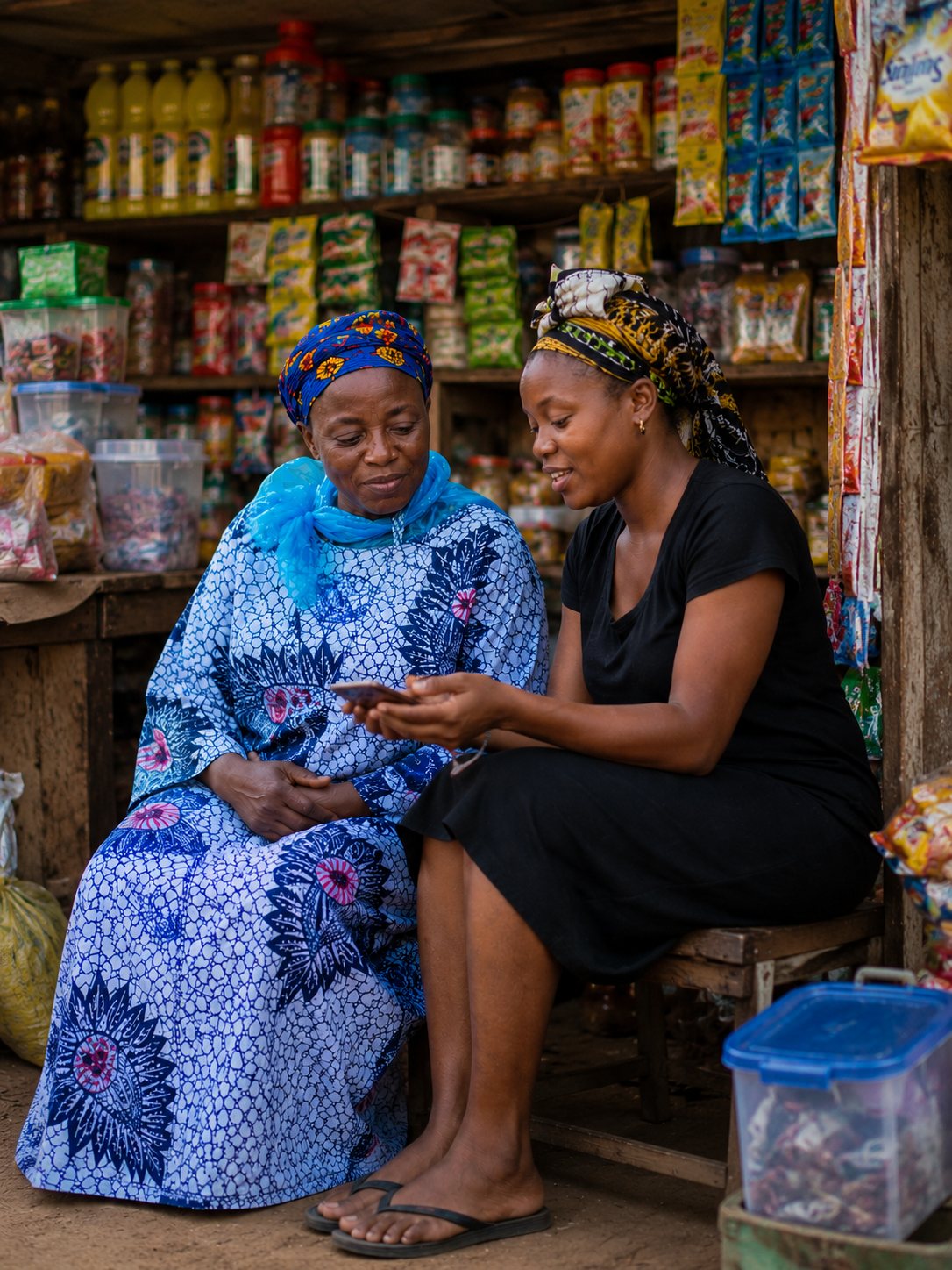 Two women looking at a phone together at a market stall