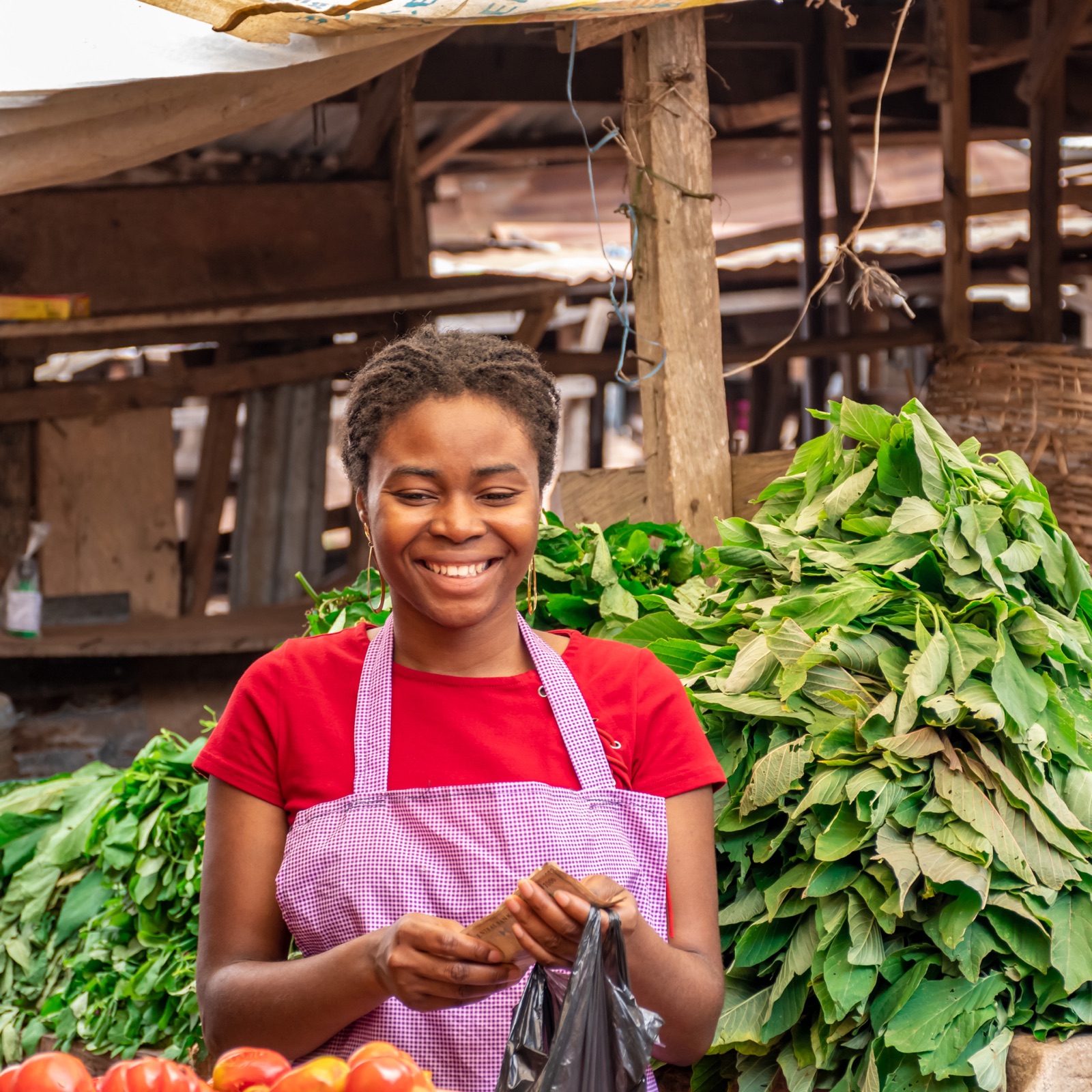 A market trader counting money at her vegetable stall